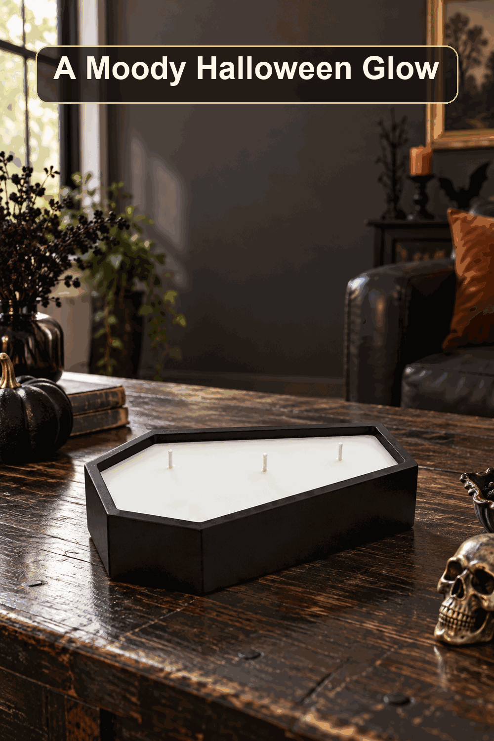 Styled Halloween home scene featuring the Wooden Coffin Candle, 24oz, with the words A Moody Halloween Glow in a dark banner above.