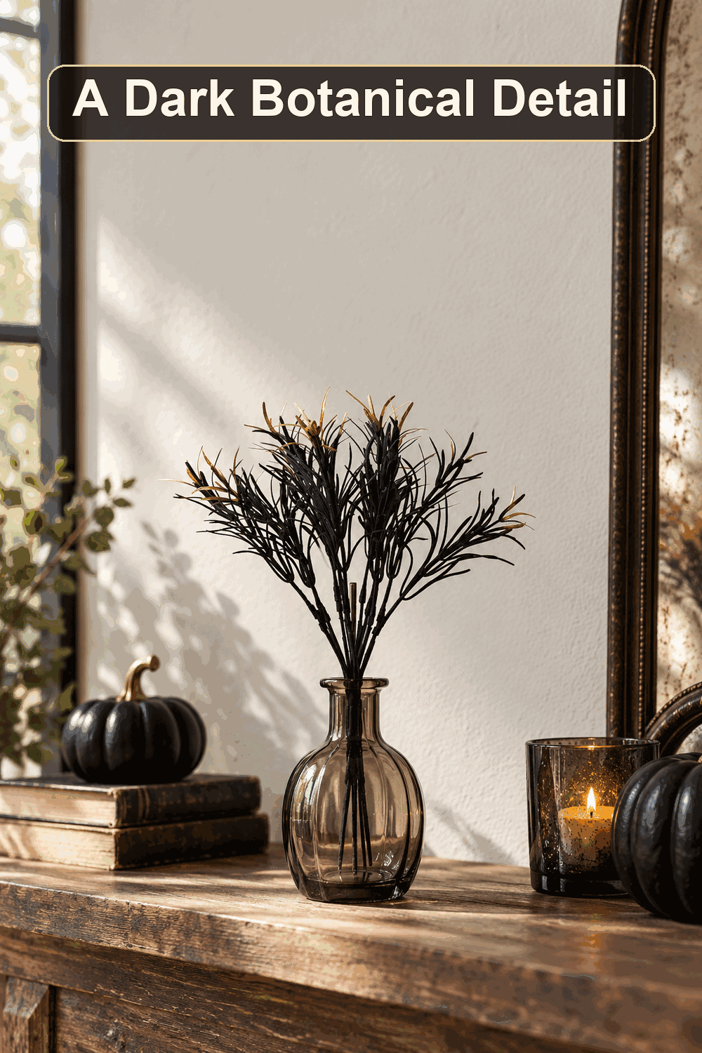 Styled Halloween home scene featuring the Black Weed with Gold Accents Pick, 8.25", with the words A Dark Botanical Detail in a dark banner above.