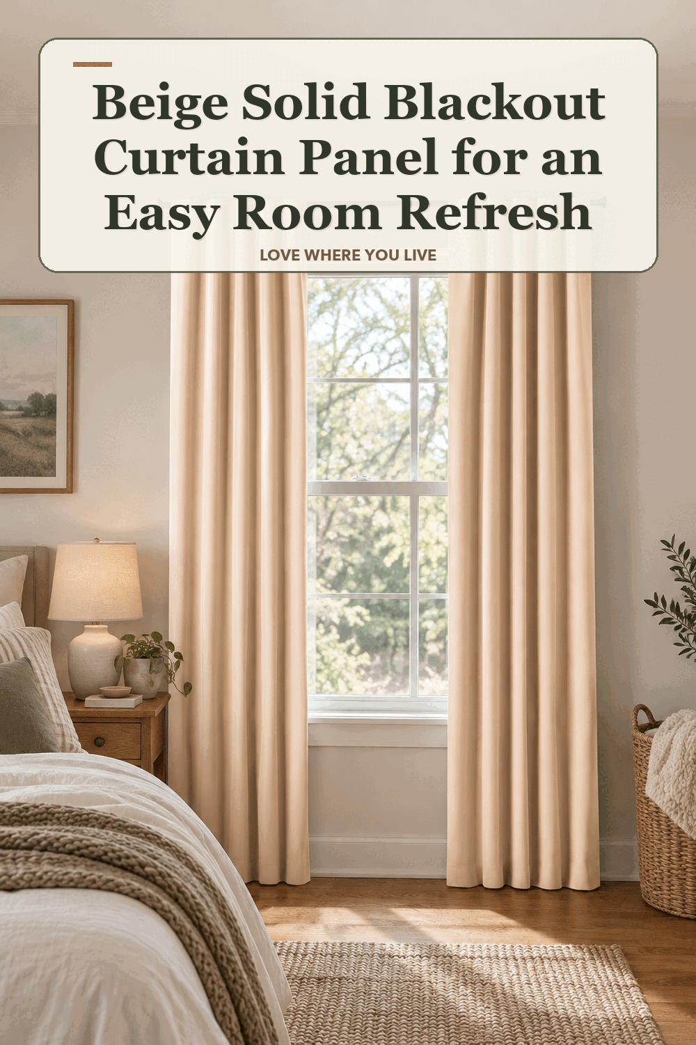 A realistic lived-in home scene featuring the exact Mainstays Beige Solid Blackout Curtain Panel Pair 30 x 84, beneath the words Beige Solid Blackout Curtain Panel for an Easy Room Refresh.