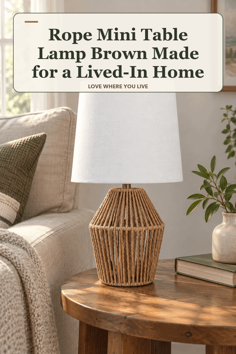 A realistic lived-in home scene featuring the exact Mainstays Rope Mini Table Lamp Brown, beneath the words Rope Mini Table Lamp Brown Made for a Lived-In Home.
