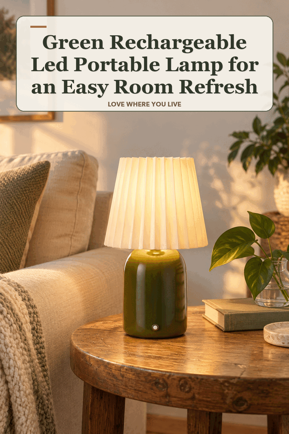 A realistic lived-in home scene featuring the exact Mainstays Green Rechargeable LED Portable Lamp, beneath the words Green Rechargeable Led Portable Lamp for an Easy Room Refresh.