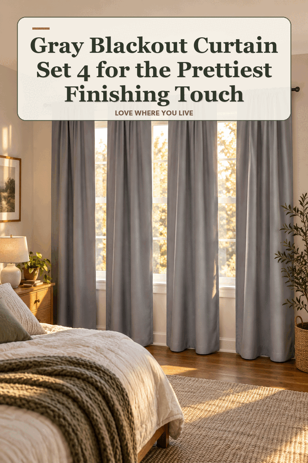 A realistic lived-in home scene featuring the exact Mainstays Gray Blackout Curtain Set 4 Piece, beneath the words Gray Blackout Curtain Set 4 for the Prettiest Finishing Touch.