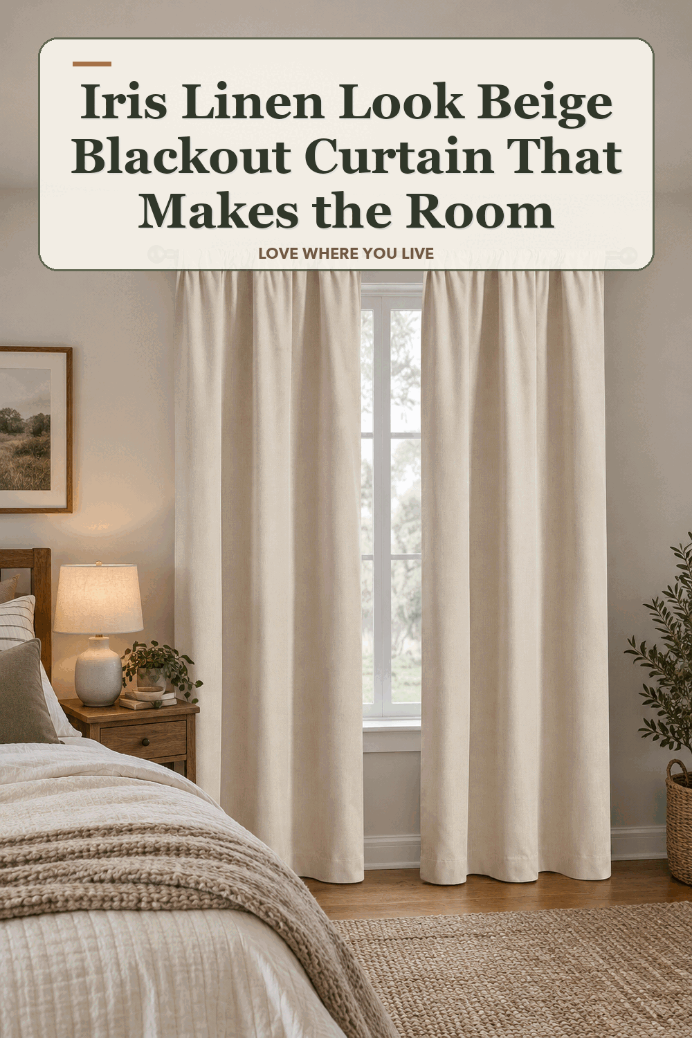 A realistic lived-in home scene featuring the exact Mainstays Iris Linen Look Beige Blackout Curtain Pair, beneath the words Iris Linen Look Beige Blackout Curtain That Makes the Room.