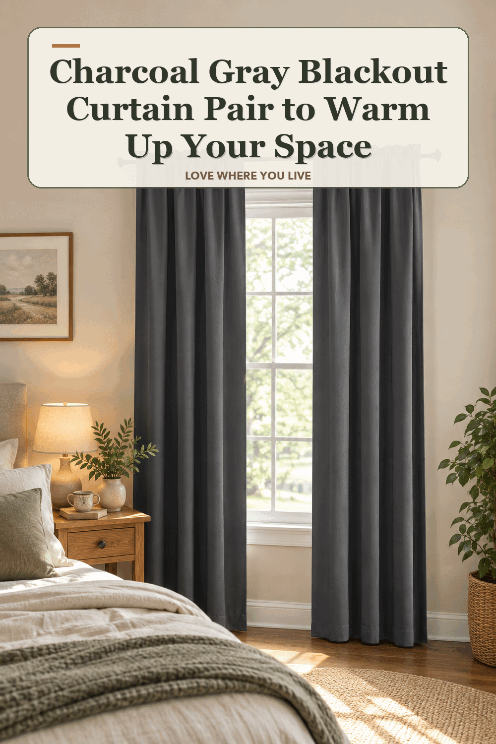 A realistic lived-in home scene featuring the exact Mainstays Charcoal Gray Blackout Curtain Pair, beneath the words Charcoal Gray Blackout Curtain Pair to Warm Up Your Space.