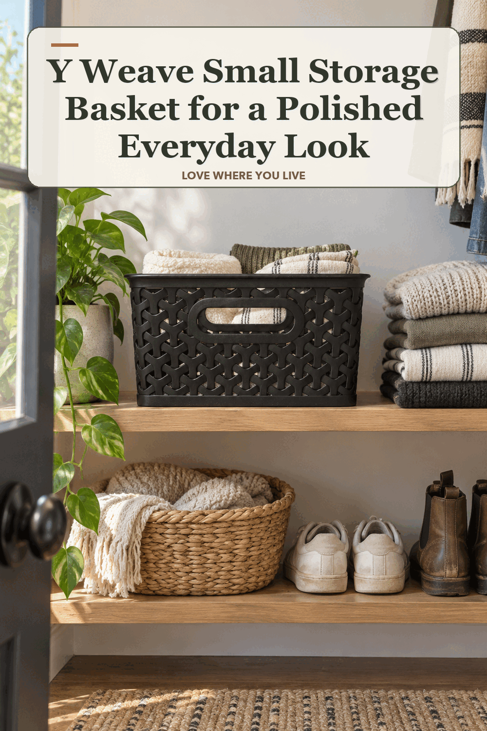 A realistic lived-in home scene featuring the exact Brightroom Y-Weave Small Storage Basket, beneath the words Y Weave Small Storage Basket for a Polished Everyday Look.