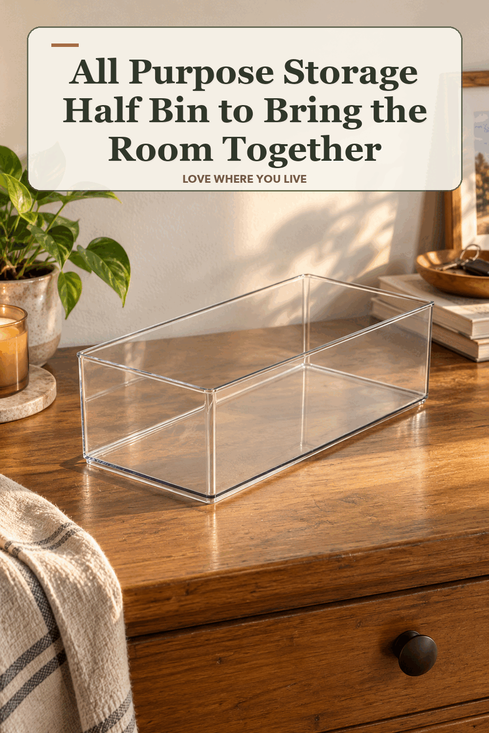 A realistic lived-in home scene featuring the exact Brightroom All Purpose Storage Half Bin, beneath the words All Purpose Storage Half Bin to Bring the Room Together.
