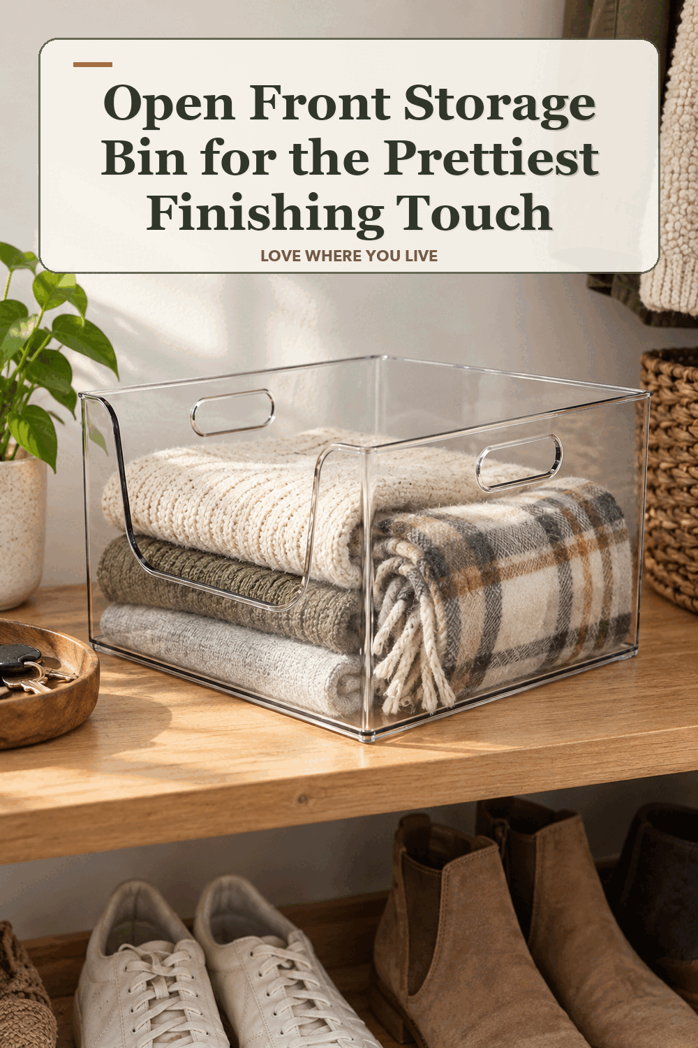 A realistic lived-in home scene featuring the exact Brightroom Open Front Storage Bin, beneath the words Open Front Storage Bin for the Prettiest Finishing Touch.