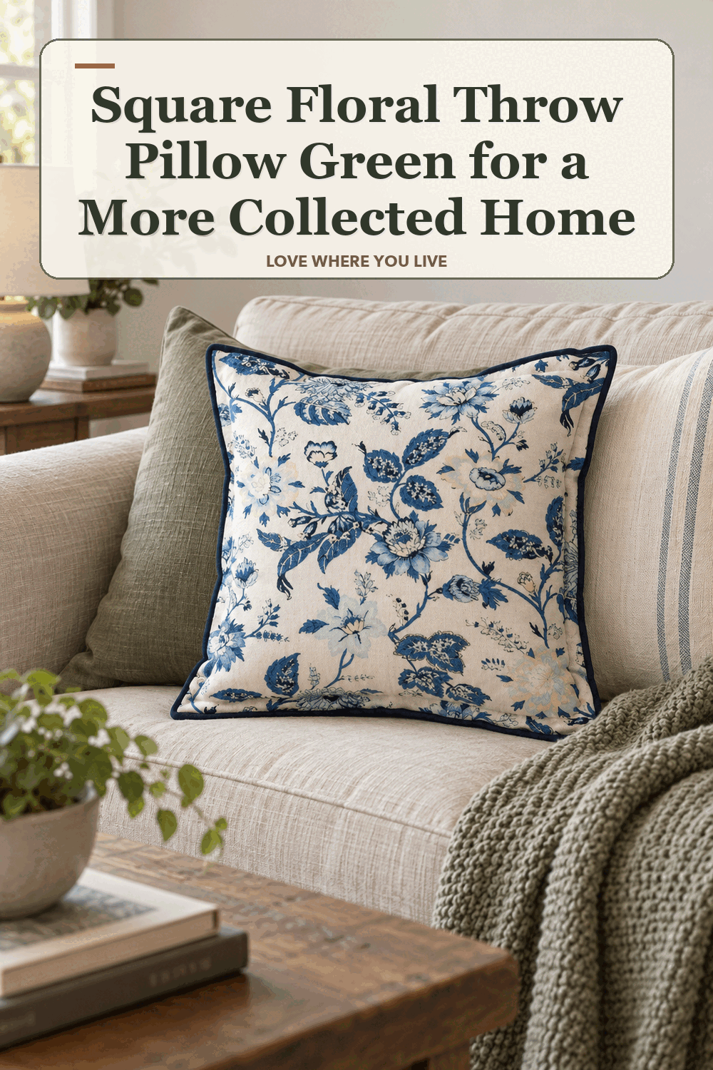 A realistic lived-in home scene featuring the exact Threshold Square Floral Throw Pillow Green, beneath the words Square Floral Throw Pillow Green for a More Collected Home.