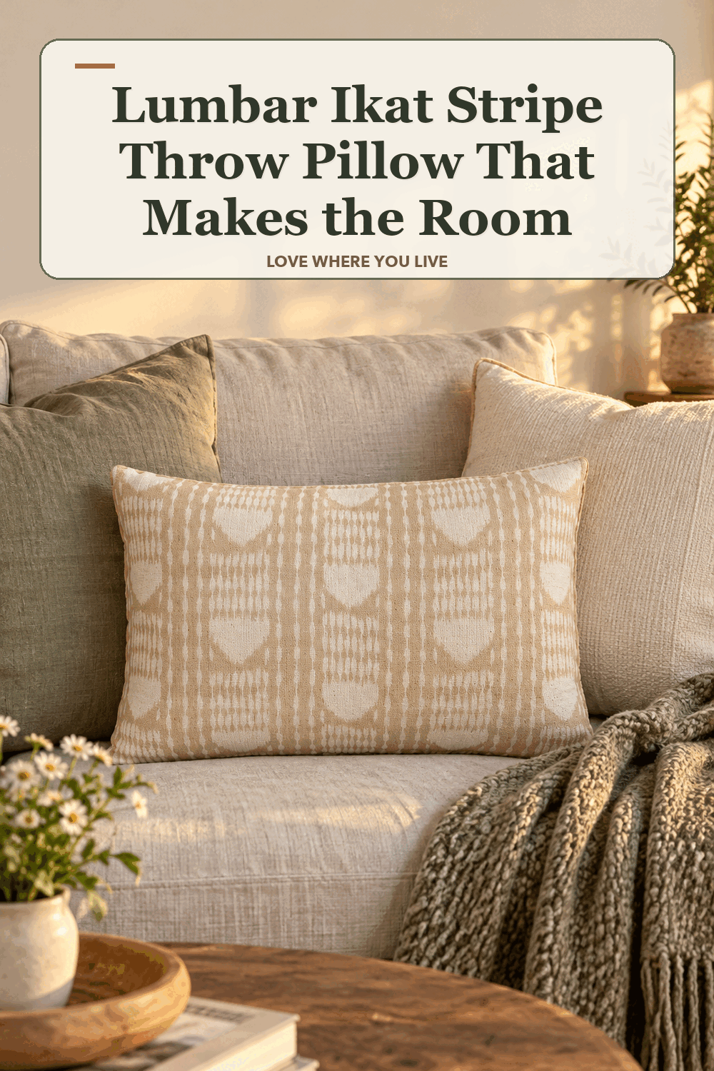 A realistic lived-in home scene featuring the exact Threshold Lumbar Ikat Stripe Throw Pillow, beneath the words Lumbar Ikat Stripe Throw Pillow That Makes the Room.