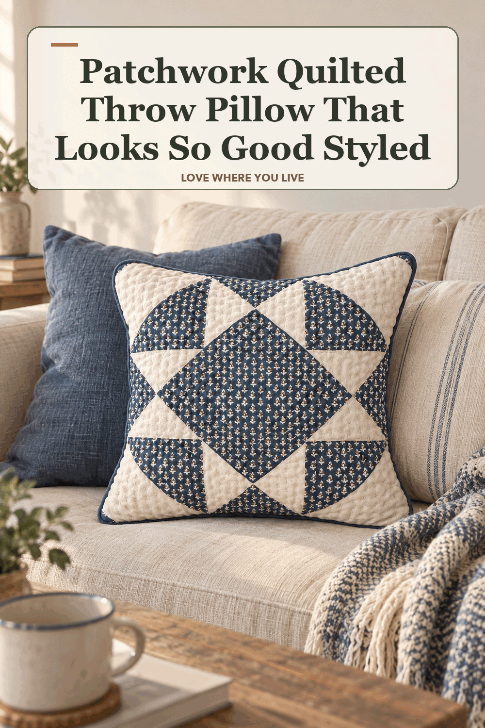 A realistic lived-in home scene featuring the exact Threshold Patchwork Quilted Throw Pillow, beneath the words Patchwork Quilted Throw Pillow That Looks So Good Styled.