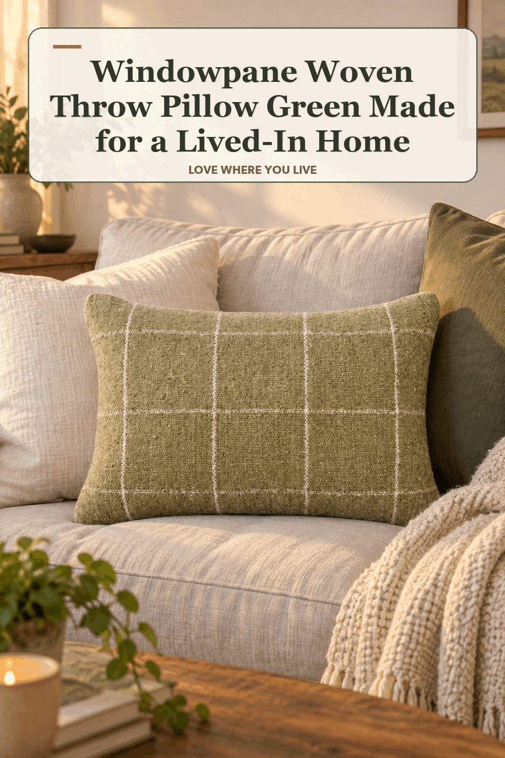 A realistic lived-in home scene featuring the exact Threshold Windowpane Woven Throw Pillow Green, beneath the words Windowpane Woven Throw Pillow Green Made for a Lived-In Home.