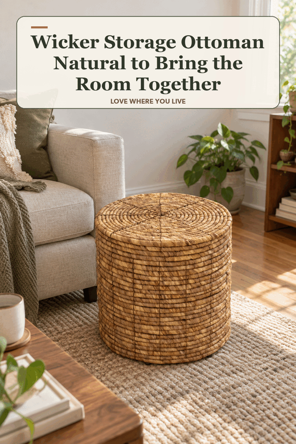 A realistic lived-in home scene featuring the exact Threshold Wicker Storage Ottoman Natural, beneath the words Wicker Storage Ottoman Natural to Bring the Room Together.
