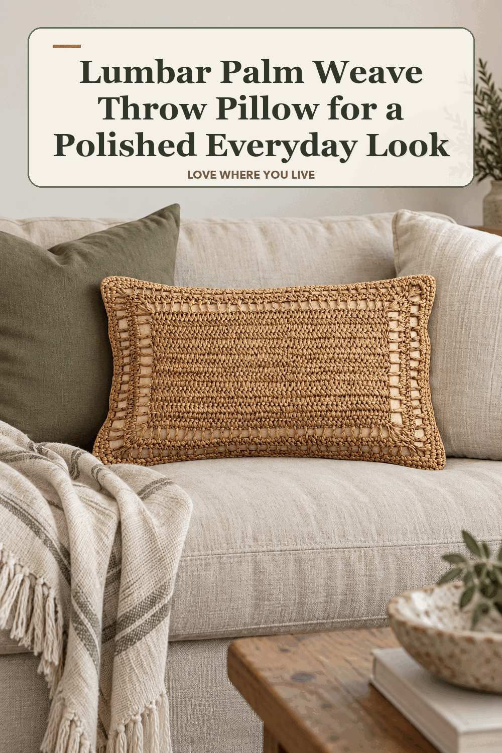 A realistic lived-in home scene featuring the exact Threshold Lumbar Palm Weave Throw Pillow, beneath the words Lumbar Palm Weave Throw Pillow for a Polished Everyday Look.