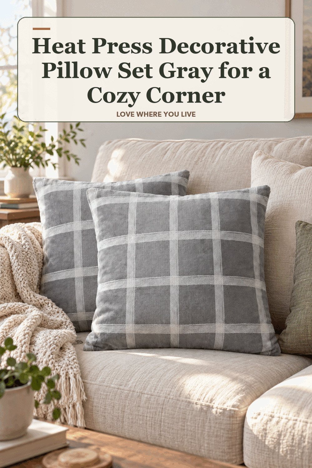 A realistic lived-in home scene featuring the exact The Big One Heat Press Decorative Pillow Set Gray Flannel, beneath the words Heat Press Decorative Pillow Set Gray for a Cozy Corner.