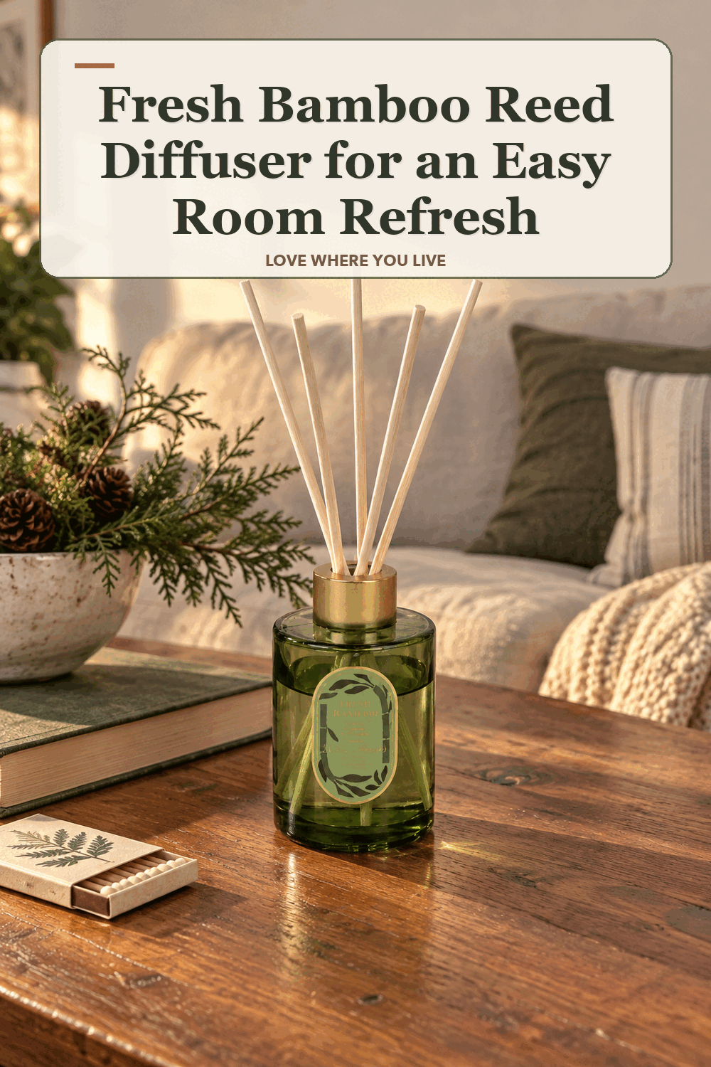 A realistic lived-in home scene featuring the exact Sonoma Goods for Life Fresh Bamboo Reed Diffuser, beneath the words Fresh Bamboo Reed Diffuser for an Easy Room Refresh.