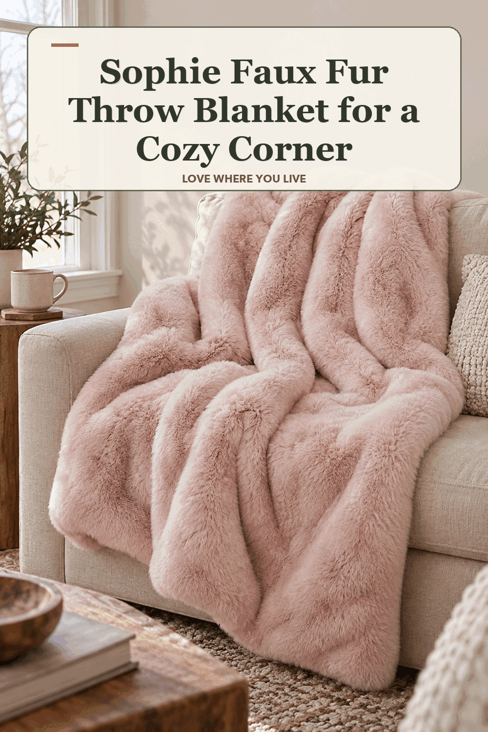 A realistic lived-in home scene featuring the exact Sophie Faux Fur Throw Blanket, beneath the words Sophie Faux Fur Throw Blanket for a Cozy Corner.