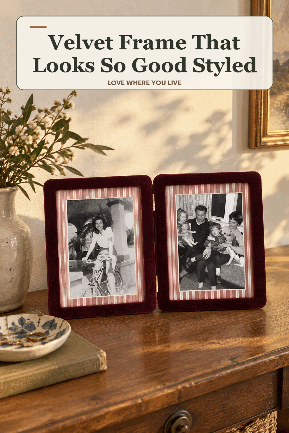 A realistic lived-in home scene featuring the exact Anthropologie x Papier Velvet Frame, beneath the words Velvet Frame That Looks So Good Styled.