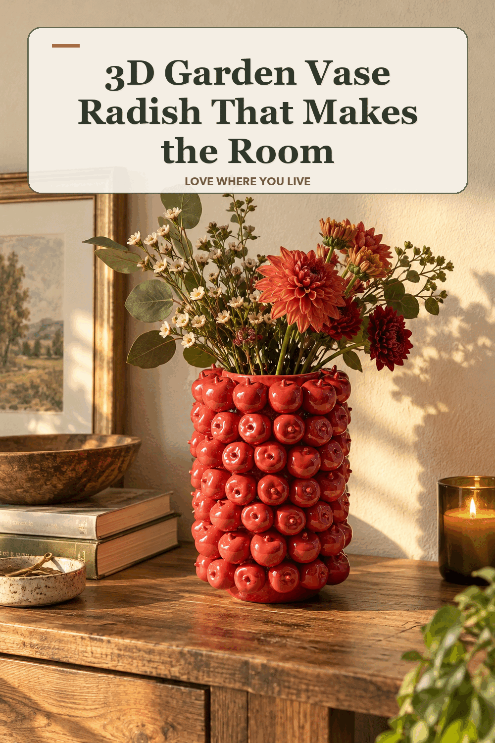 A realistic lived-in home scene featuring the exact 3D Garden Vase Radish, beneath the words 3D Garden Vase Radish That Makes the Room.