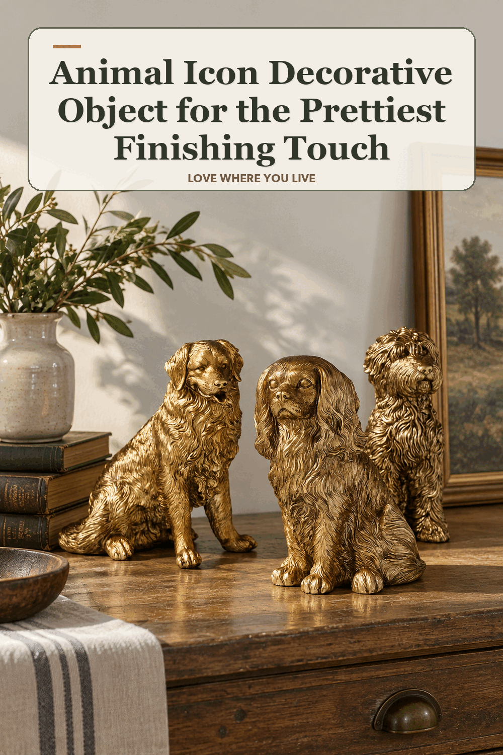 A realistic lived-in home scene featuring the exact Animal Icon Decorative Object, beneath the words Animal Icon Decorative Object for the Prettiest Finishing Touch.