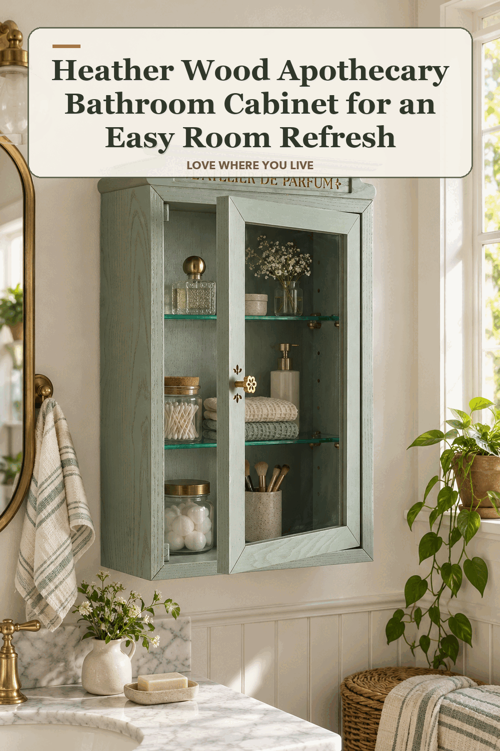 A realistic lived-in home scene featuring the exact Heather Wood Apothecary Bathroom Cabinet Sage, beneath the words Heather Wood Apothecary Bathroom Cabinet for an Easy Room Refresh.