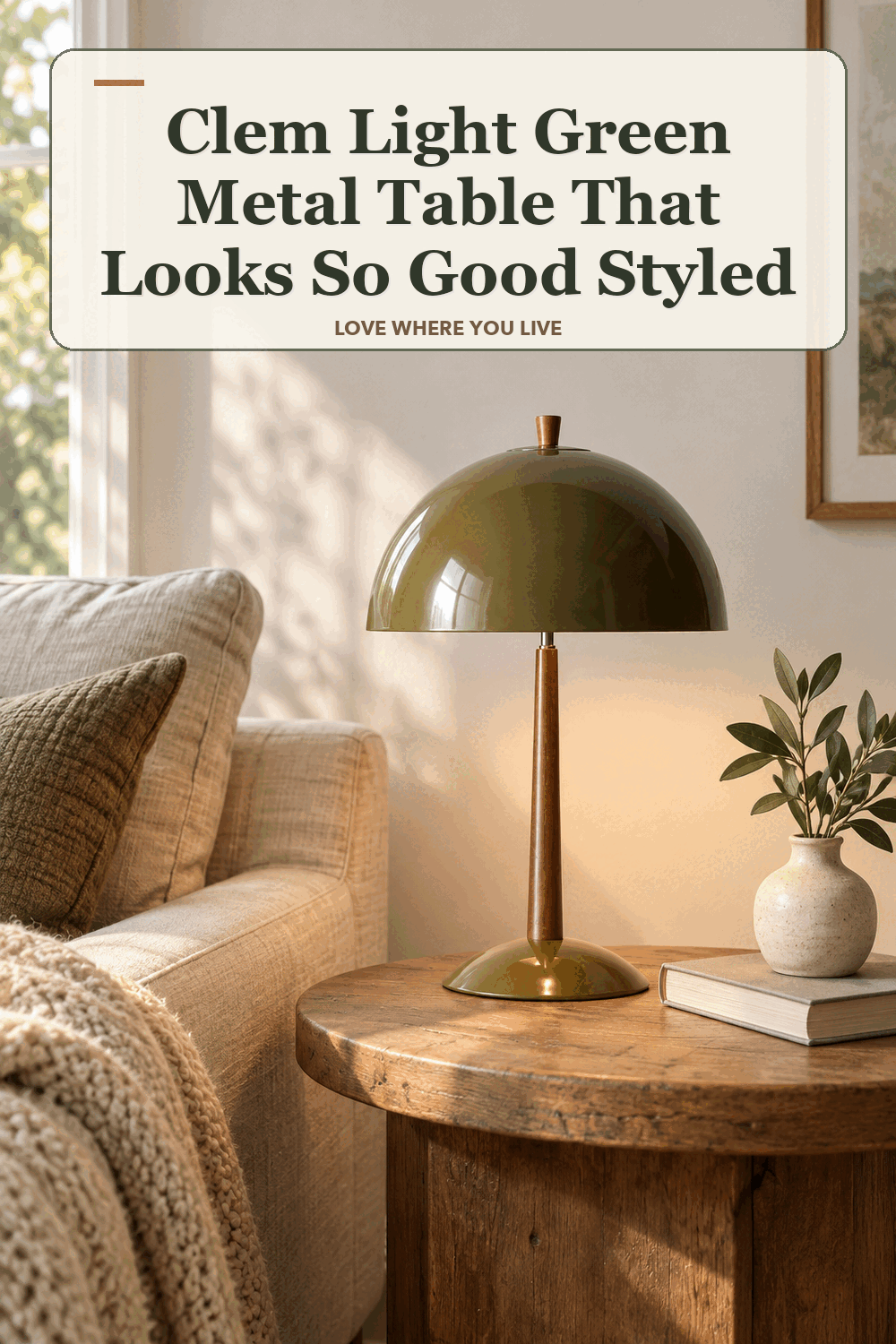 A realistic lived-in home scene featuring the exact Clem Light Green Metal Table Lamp, beneath the words Clem Light Green Metal Table That Looks So Good Styled.