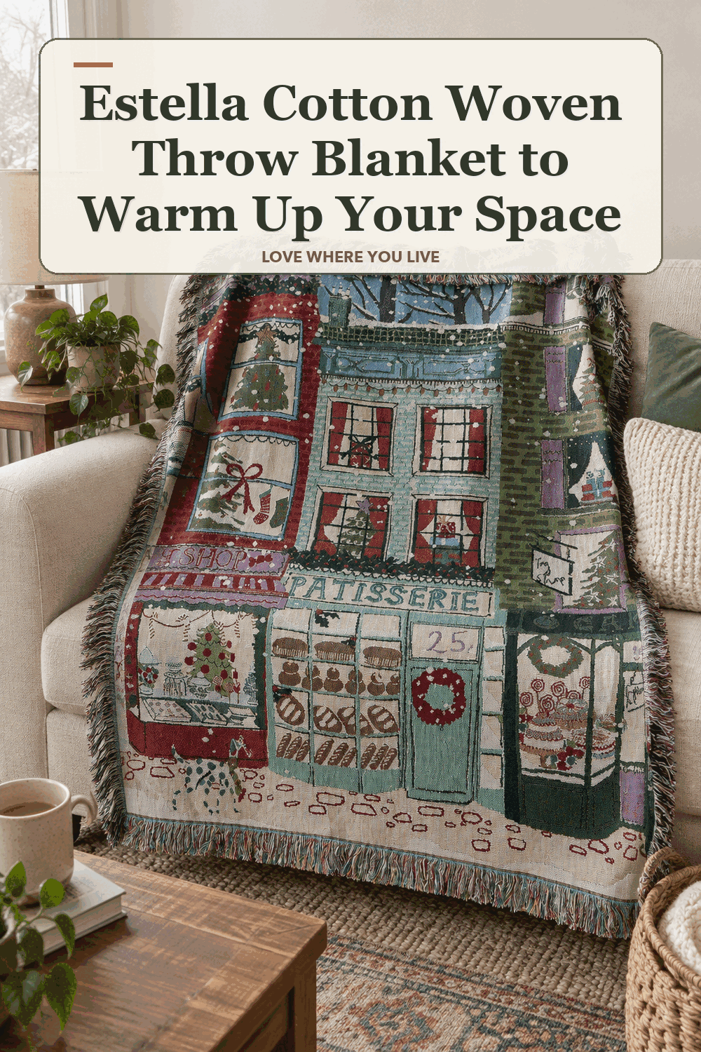 A realistic lived-in home scene featuring the exact Estella Cotton Woven Throw Blanket, beneath the words Estella Cotton Woven Throw Blanket to Warm Up Your Space.
