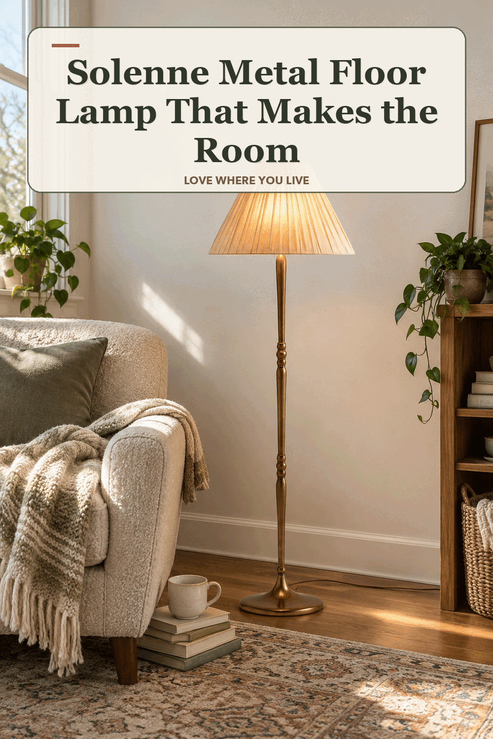 A realistic lived-in home scene featuring the exact Solenne Metal Floor Lamp, beneath the words Solenne Metal Floor Lamp That Makes the Room.
