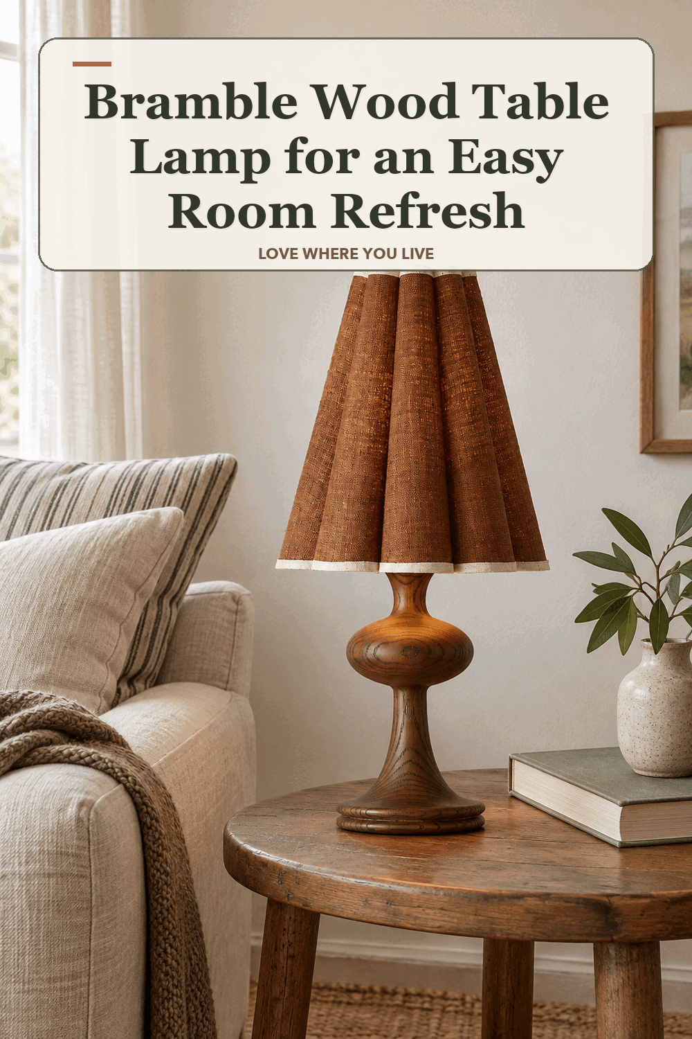 A realistic lived-in home scene featuring the exact Bramble Wood Table Lamp, beneath the words Bramble Wood Table Lamp for an Easy Room Refresh.