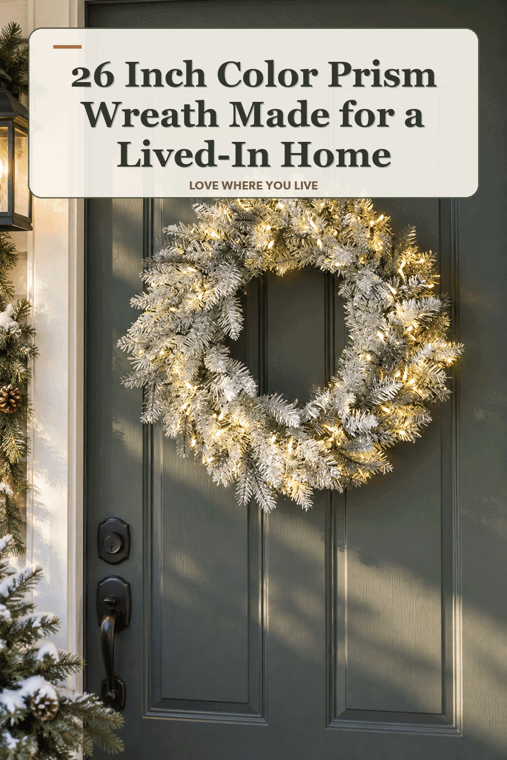 A realistic lived-in home scene featuring the exact Bethlehem Lights 26 Inch Color Prism Wreath, beneath the words 26 Inch Color Prism Wreath Made for a Lived-In Home.