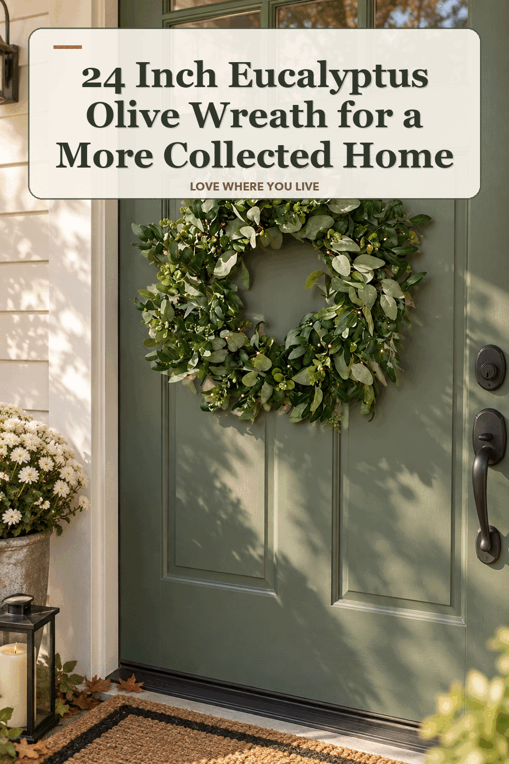 A realistic lived-in home scene featuring the exact Bethlehem Lights 24 Inch Eucalyptus Olive Wreath, beneath the words 24 Inch Eucalyptus Olive Wreath for a More Collected Home.