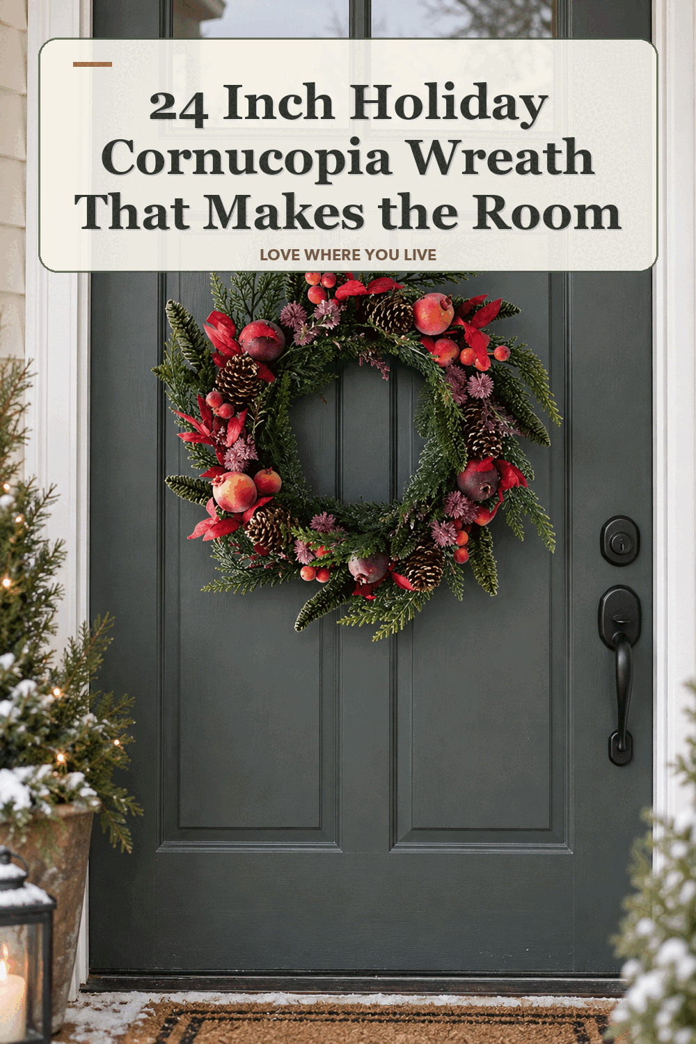 A realistic lived-in home scene featuring the exact Home Reflections 24 Inch Holiday Cornucopia Wreath, beneath the words 24 Inch Holiday Cornucopia Wreath That Makes the Room.