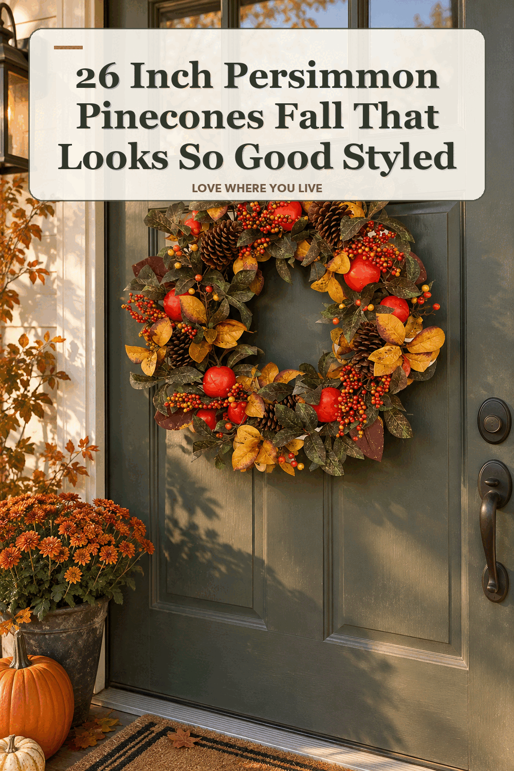 A realistic lived-in home scene featuring the exact Nearly Natural 26 Inch Persimmon Pinecones Fall Wreath, beneath the words 26 Inch Persimmon Pinecones Fall That Looks So Good Styled.