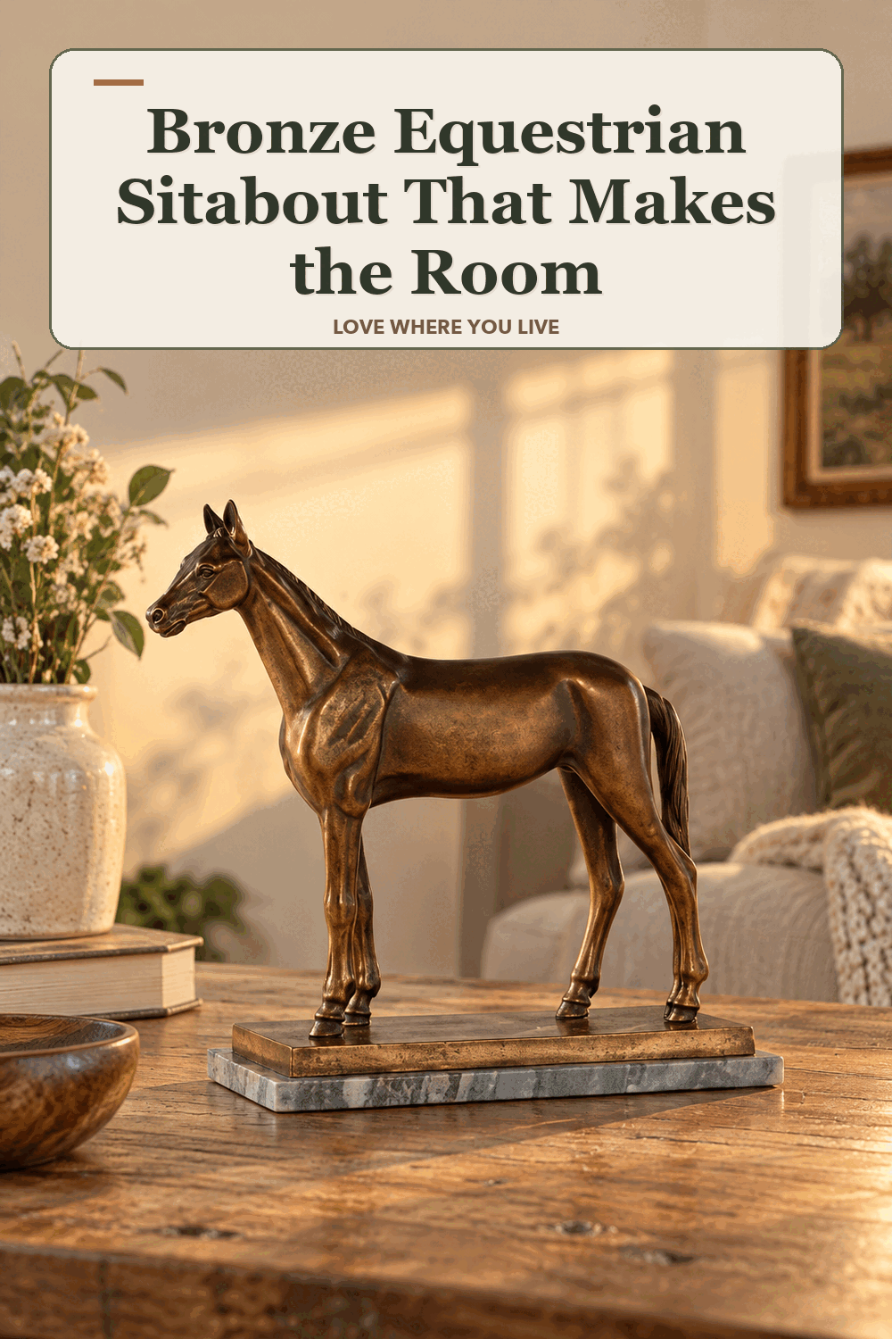A realistic lived-in home scene featuring the exact Biltmore Bronze Equestrian Sitabout, beneath the words Bronze Equestrian Sitabout That Makes the Room.