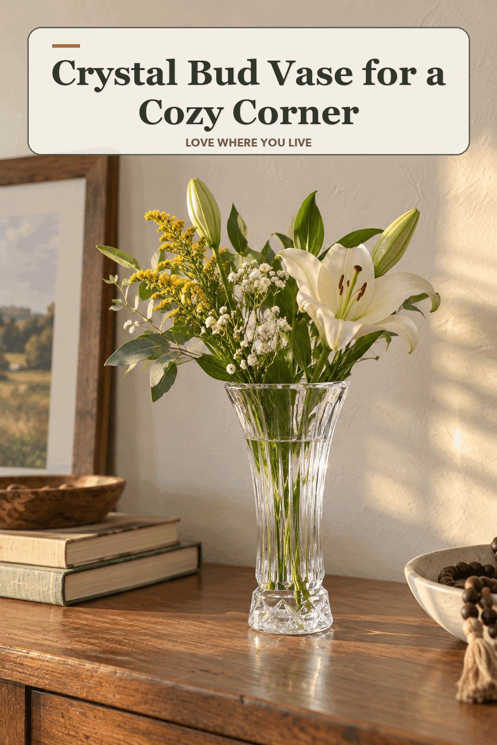 A realistic lived-in home scene featuring the exact Biltmore Crystal Bud Vase, beneath the words Crystal Bud Vase for a Cozy Corner.