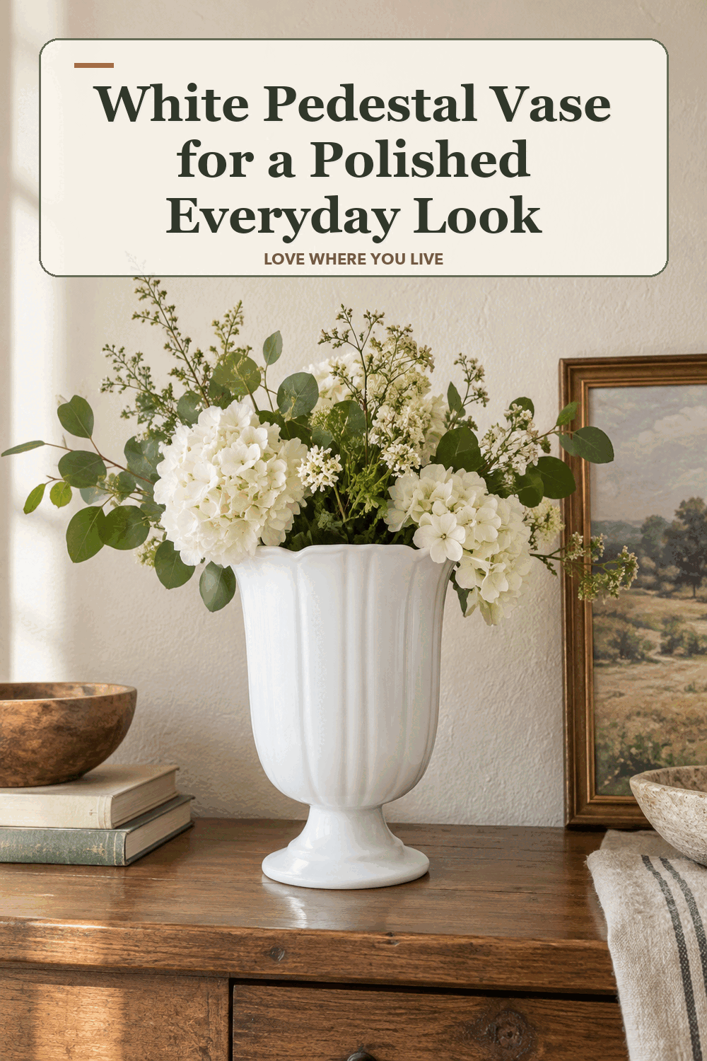 A realistic lived-in home scene featuring the exact Biltmore Estate White Pedestal Vase, beneath the words White Pedestal Vase for a Polished Everyday Look.