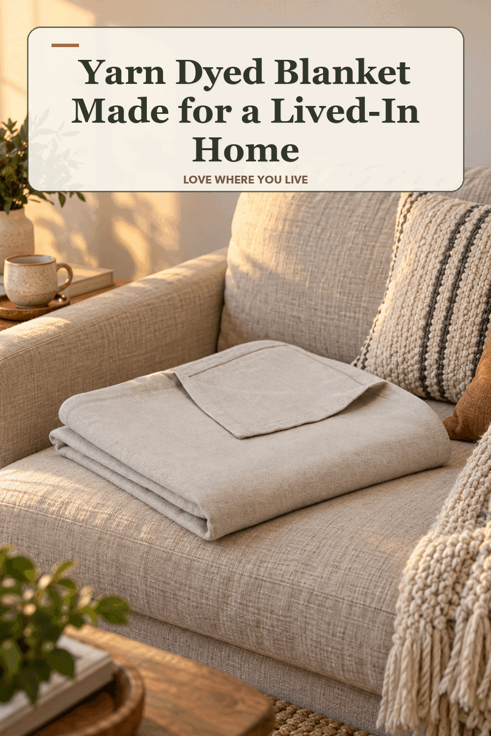 A realistic lived-in home scene featuring the exact Biltmore Yarn Dyed Blanket, beneath the words Yarn Dyed Blanket Made for a Lived-In Home.