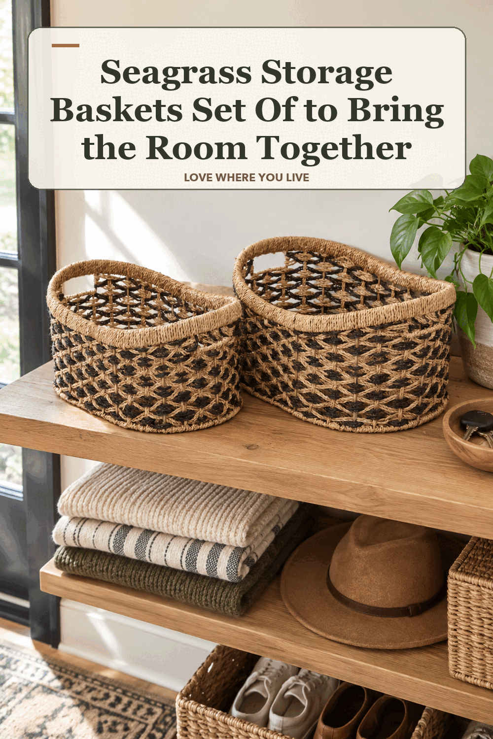 A realistic lived-in home scene featuring the exact Monroe Lane Traditional Seagrass Storage Baskets Set of 2, beneath the words Seagrass Storage Baskets Set Of to Bring the Room Together.