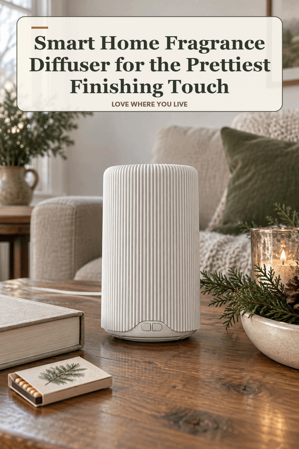 A realistic lived-in home scene featuring the exact Pura Plus Smart Home Fragrance Diffuser, beneath the words Smart Home Fragrance Diffuser for the Prettiest Finishing Touch.