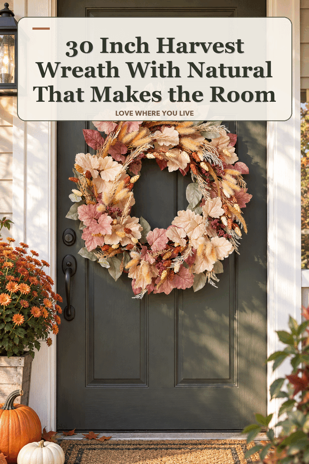 A realistic lived-in home scene featuring the exact Member's Mark 30 Inch Harvest Wreath with Natural Cattails, beneath the words 30 Inch Harvest Wreath With Natural That Makes the Room.