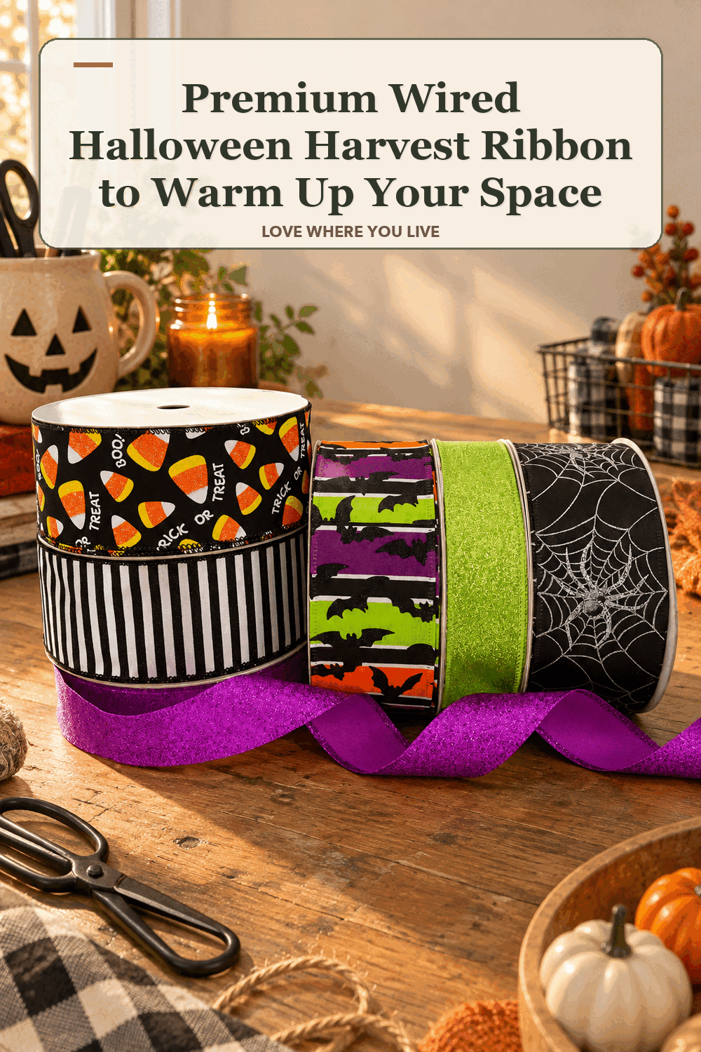 A realistic lived-in home scene featuring the exact Member's Mark Premium Wired Halloween Harvest Ribbon Set of 6, beneath the words Premium Wired Halloween Harvest Ribbon to Warm Up Your Space.