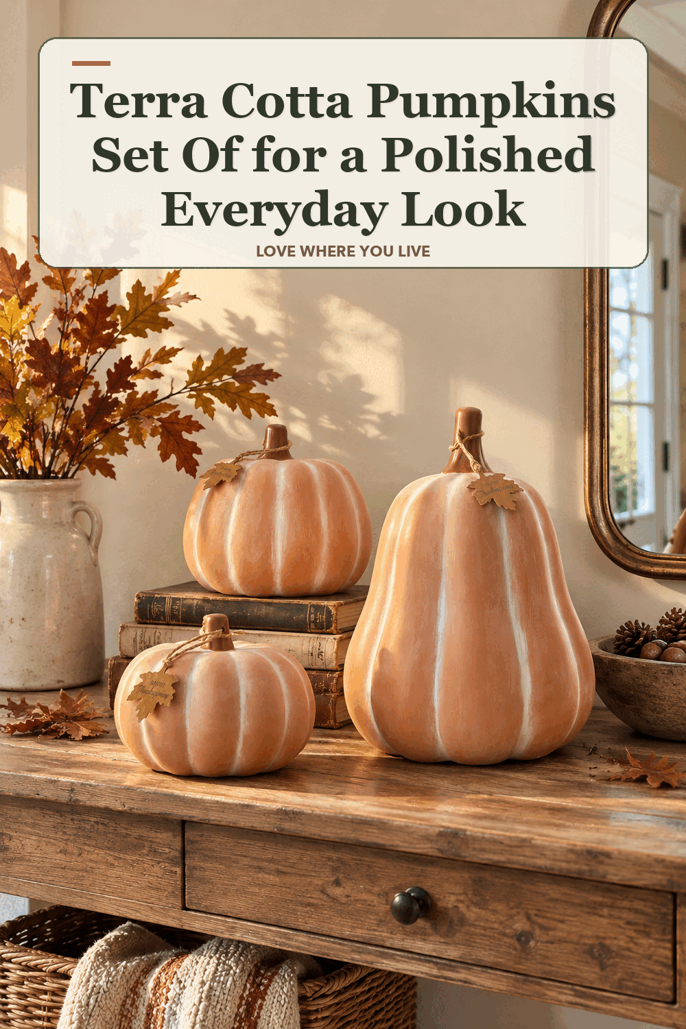 A realistic lived-in home scene featuring the exact Member's Mark Terra Cotta Pumpkins Set of 3, beneath the words Terra Cotta Pumpkins Set Of for a Polished Everyday Look.