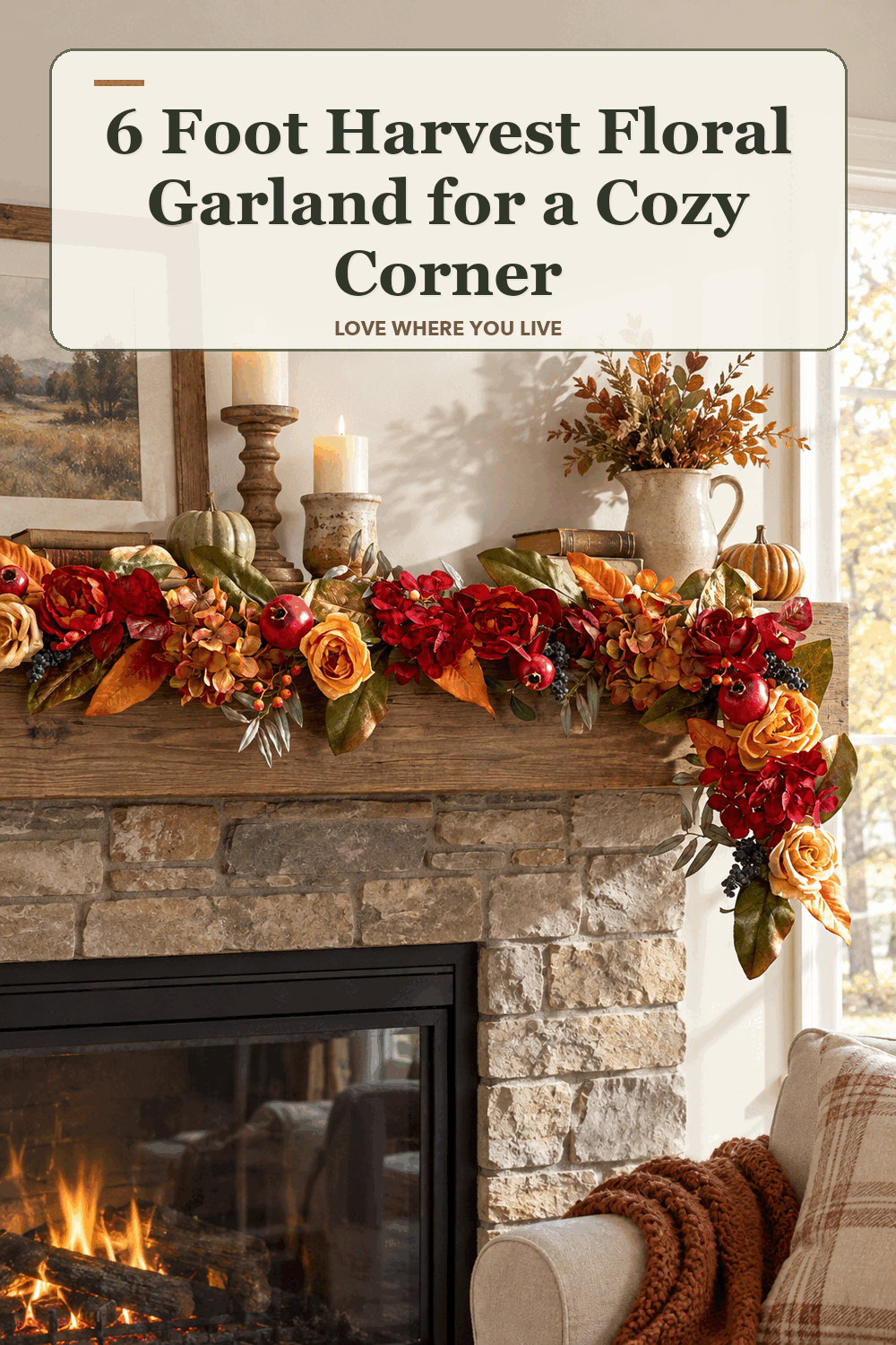 A realistic lived-in home scene featuring the exact Member's Mark 6 Foot Harvest Floral Garland, beneath the words 6 Foot Harvest Floral Garland for a Cozy Corner.
