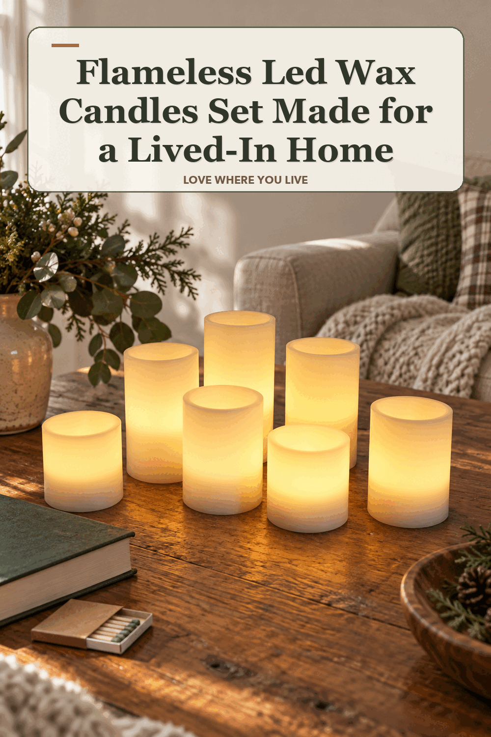 A realistic lived-in home scene featuring the exact Member's Mark Flameless LED Wax Candles Set of 7, beneath the words Flameless Led Wax Candles Set Made for a Lived-In Home.