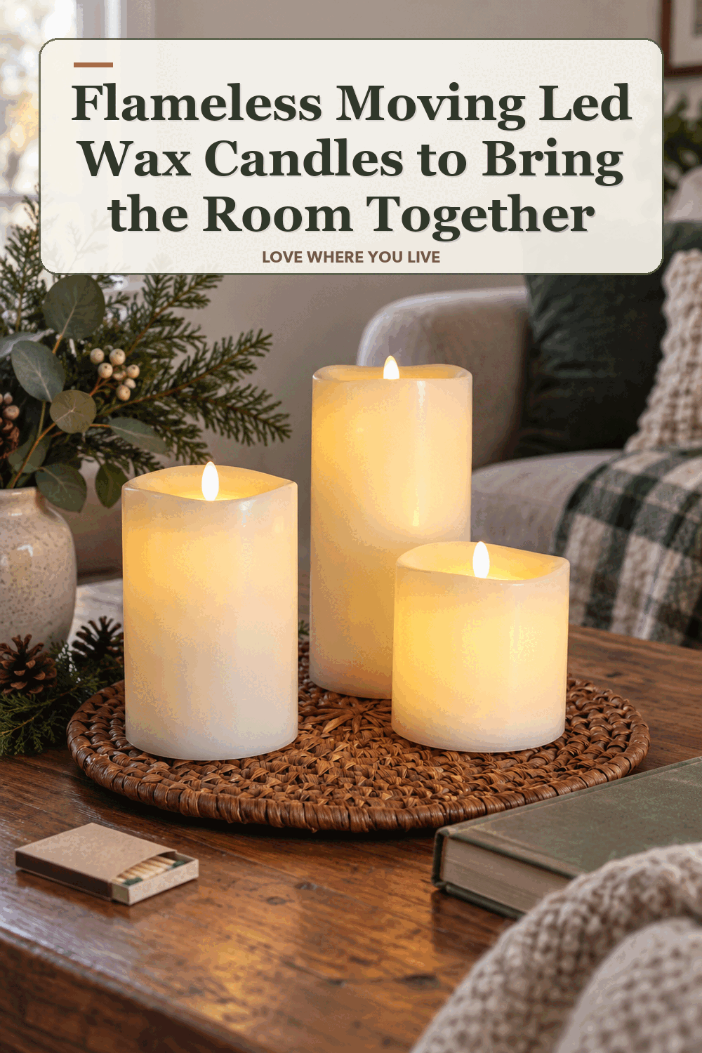 A realistic lived-in home scene featuring the exact Member's Mark Flameless Moving LED Wax Candles Set of 3, beneath the words Flameless Moving Led Wax Candles to Bring the Room Together.