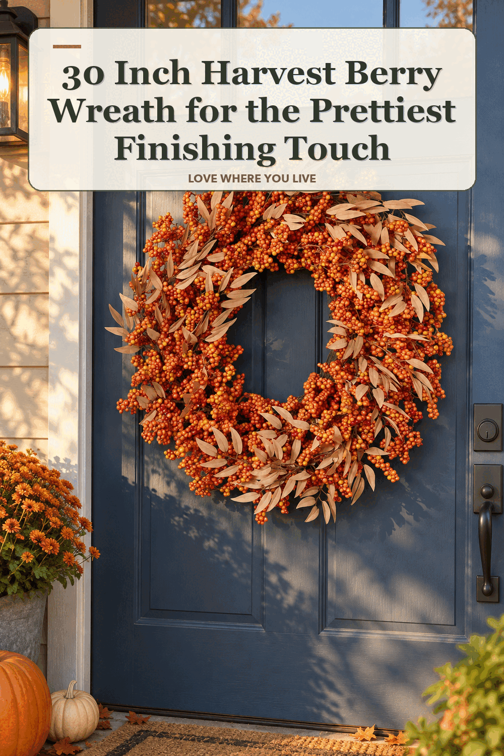 A realistic lived-in home scene featuring the exact Member's Mark 30 Inch Harvest Berry Wreath, beneath the words 30 Inch Harvest Berry Wreath for the Prettiest Finishing Touch.