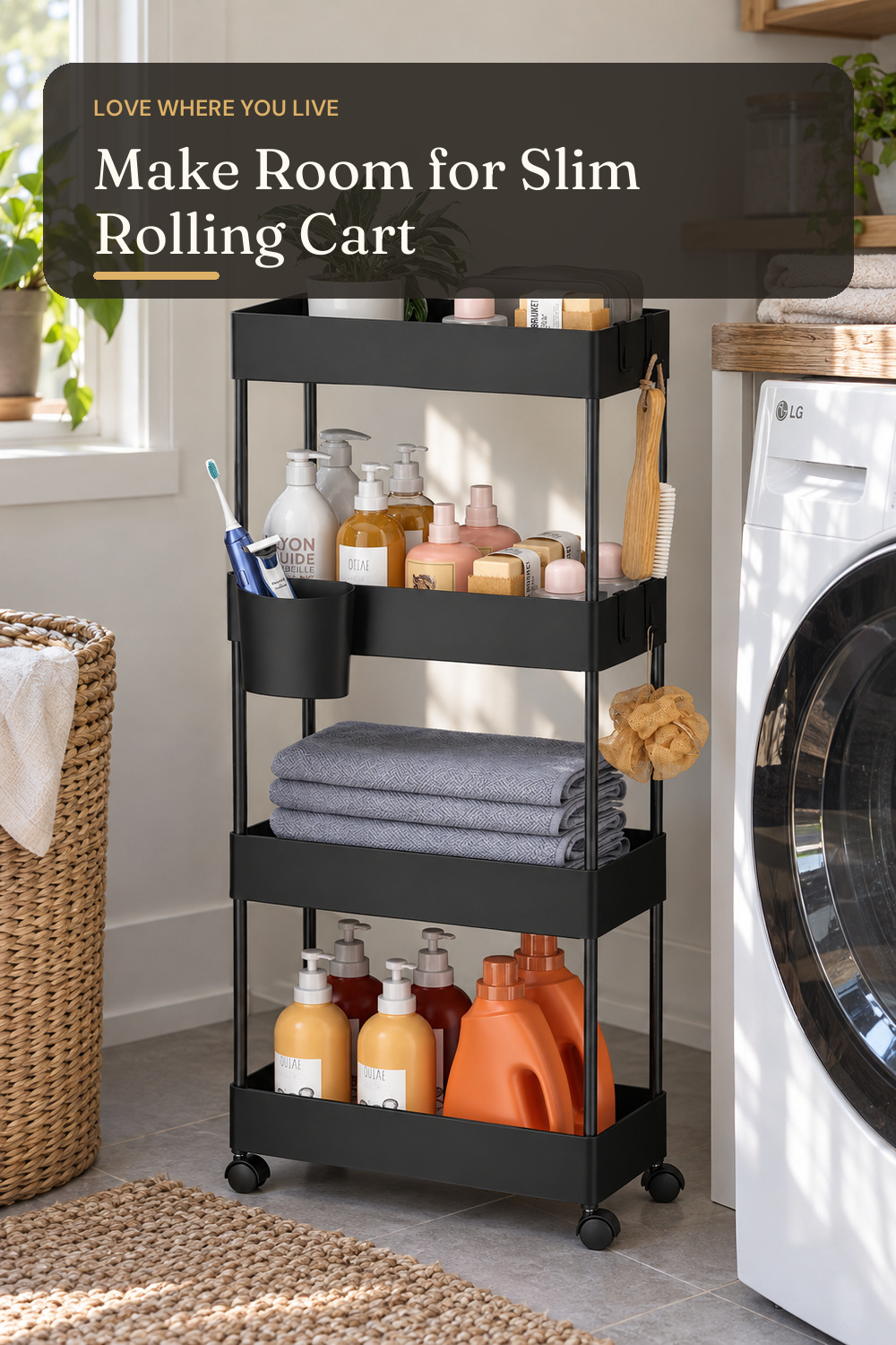 Pipishell 4 Tier Slim Storage Cart with Wheels, Laundry Cart, Black; styling inspiration