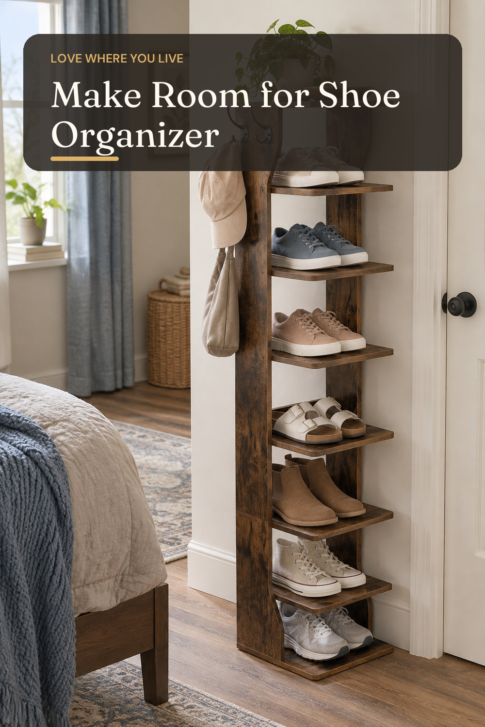 VASAGLE 7-Tier Vertical Shoe Rack, Narrow Shoe Storage Organizer with Hooks; styling inspiration