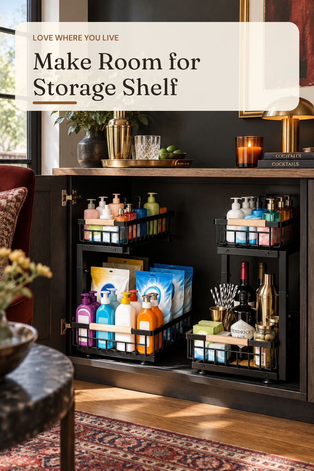 Under Sink Organizer 2 Pack, Double Slide Out Metal Shelf, Black; styling inspiration