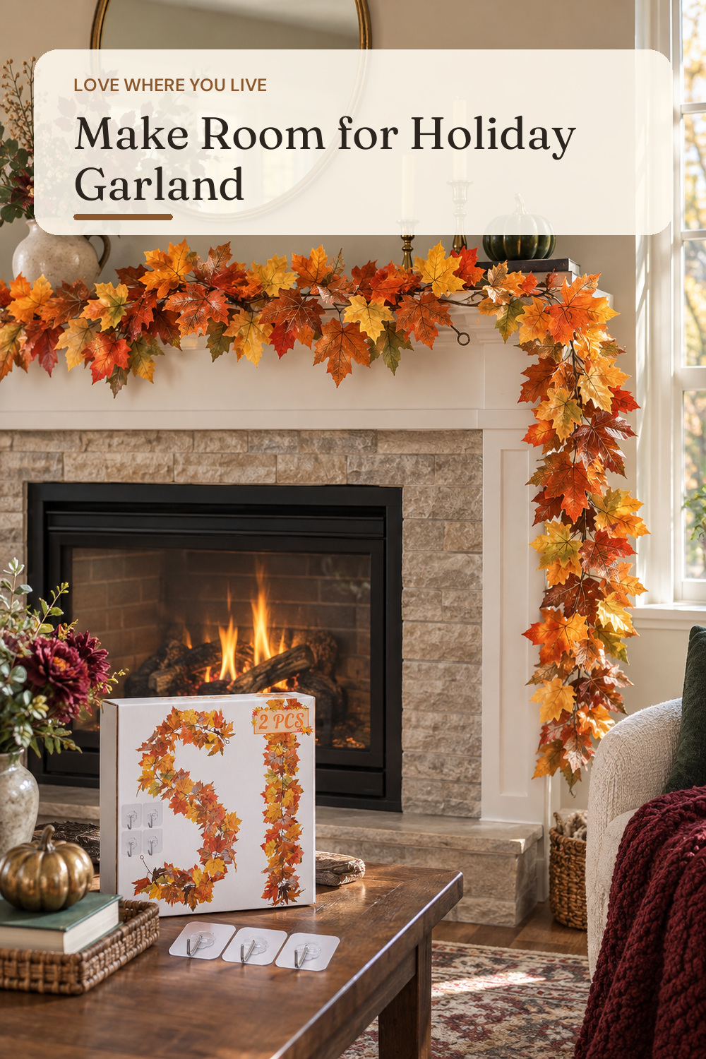 2Pack 11.8FT Fall Garland for Mantle Indoor Outdoor Thanksgiving Decor; styling inspiration