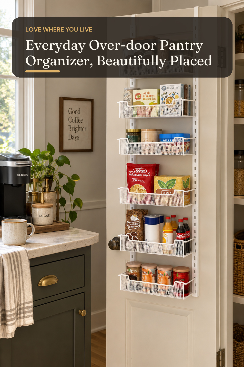 VyGrow 12.3" W Narrow Over the Door Pantry Organizer, 6-Tier Over the Door Organizer with Adjustable Basket, Pantry Door Organization for Pantry Kitchen Storage Room Spice Rack, White; styling inspiration